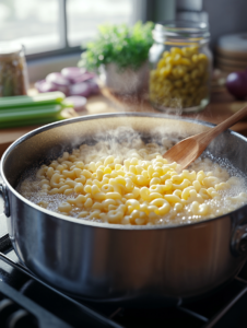 Bring a large pot of salted water to a boil. Cook the macaroni according to the package instructions until al dente. Drain and rinse under cold water to stop the cooking process. Set aside.