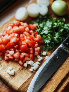 Dice the tomatoes, onion, and jalapeño finely and transfer them to a large mixing bowl.