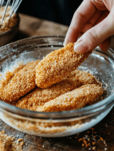 Dredge each chicken tender in flour, dip it into the egg wash, and coat it evenly with the breadcrumb mixture.
