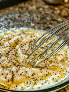 In a large bowl, whisk together Greek yogurt, mayonnaise, lemon juice, minced garlic, salt, and black pepper until smooth.