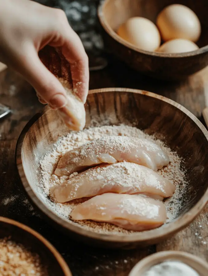 Set up a breading station with three bowls: one with flour, one with beaten eggs and milk, and one with breadcrumbs mixed with seasoning.
