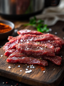 Set the Instant Pot to 'Sauté' mode and add the olive oil or butter. Season the beef strips with salt and pepper, then brown them in batches. Remove and set aside.