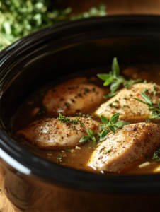 Pour the chicken broth into the slow cooker and add the seasoned chicken breasts.