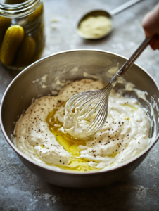 In a large mixing bowl, whisk together the mayonnaise, Dijon mustard, pickle juice, and sugar (if using). Season with salt and pepper to taste.