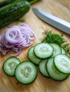 Thinly slice the cucumbers and red onion. If using regular cucumbers, remove seeds to prevent excess moisture.