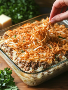 Remove foil, top with crispy fried onions, and bake uncovered for an additional 10 minutes until golden brown.