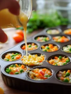 Pour the egg mixture evenly into the muffin tin