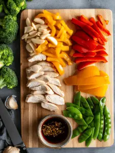 Prepare the ingredients: Slice the chicken, chop the vegetables, and whisk together the sauce ingredients in a small bowl.