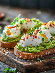 Place one poached egg on top of each avocado-covered toast. Sprinkle with optional toppings like chili flakes, sesame seeds, or microgreens. Serve immediately and enjoy!