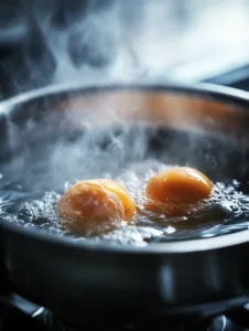 Crack each egg into a small bowl or ramekin. Create a gentle whirlpool in the simmering water using a spoon, then carefully slide the eggs into the center of the whirlpool.