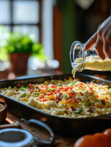 Pour the mixture into the greased baking dish and spread evenly.