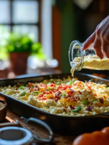 Pour the mixture into the greased baking dish and spread evenly.
