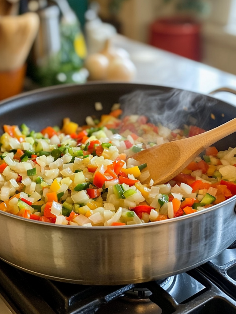 Heat olive oil in a large pot over medium heat. Add chopped onions, garlic, and bell pepper. Sauté for about 3-4 minutes until fragrant and soft.