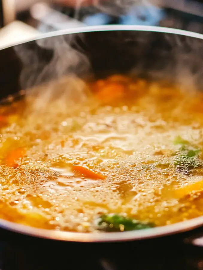 Pour in the vegetable broth and diced tomatoes. Stir in salt, pepper, oregano, thyme, and red pepper flakes. Bring to a boil.