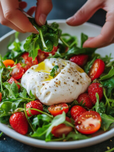 Place the burrata in the center of the salad. Tear it open slightly to reveal the creamy interior.