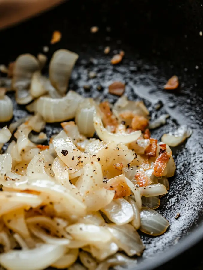 Add sliced onion to bacon drippings in the skillet and sauté until softened and lightly caramelized, about 5 minutes. Add garlic and sauté another minute until fragrant.