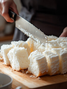 Cut the angel food cake into 1-inch cubes and set aside.