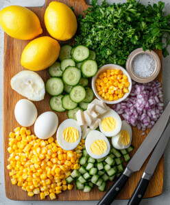 Boil the eggs for 10–12 minutes, transfer to ice bath, peel, and chop.