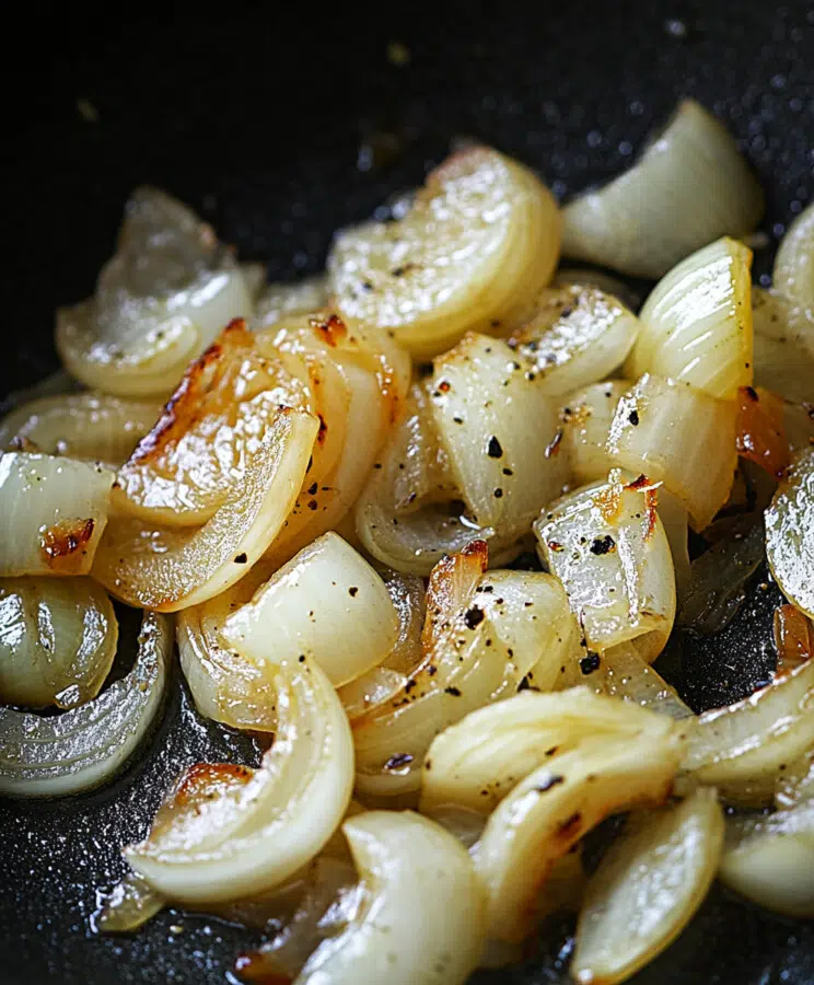 In the same pan, sauté the sliced onions for 8–10 minutes until soft and lightly golden. Add garlic if using.