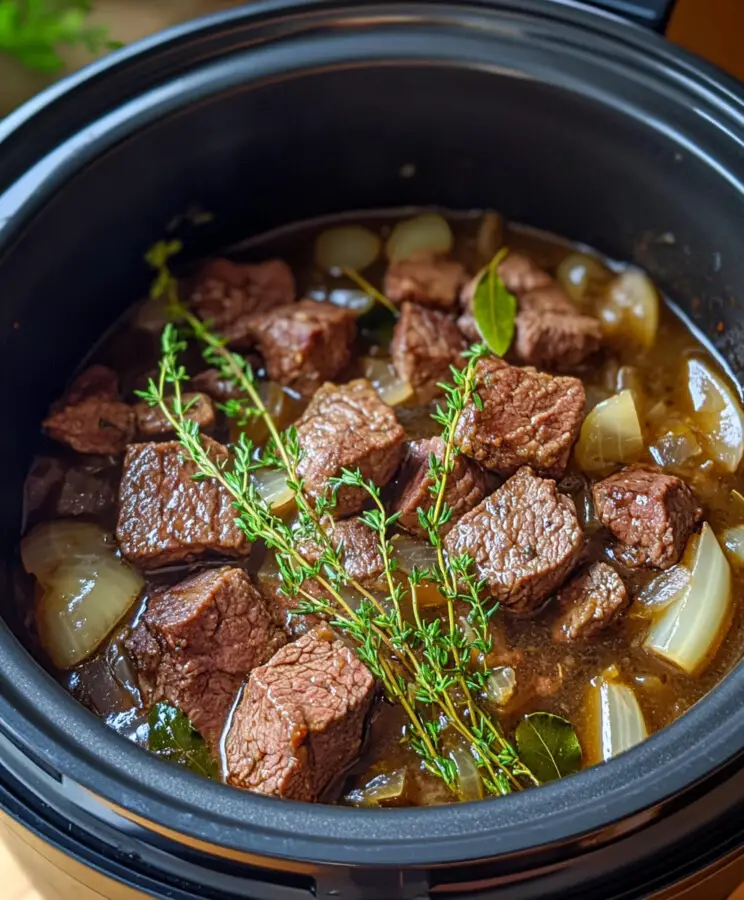 Layer half the onions in the bottom of the slow cooker, then add the browned beef and top with remaining onions.