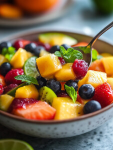 Drizzle the honey-lime dressing over the fruit salad and gently toss to coat evenly.