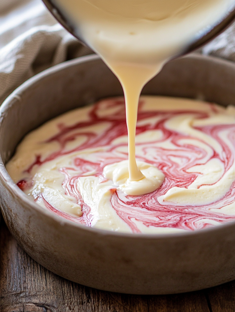 Pour the cake batter over the cheesecake mixture.