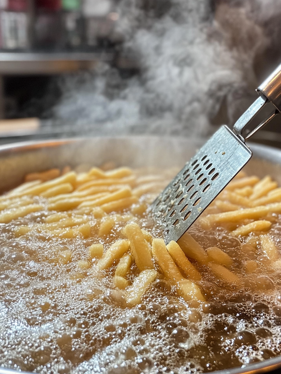 Prepare the fries: Peel and cut potatoes into thin sticks. Soak in cold water for at least 30 minutes.