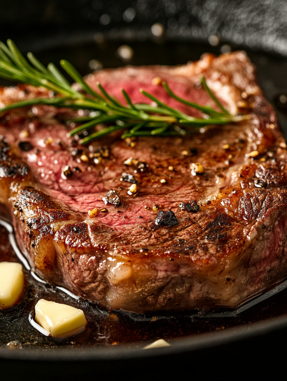 Cook the steak: Heat a cast-iron skillet over high heat. Season the steak with salt and black pepper. Sear for 3-4 minutes per side.