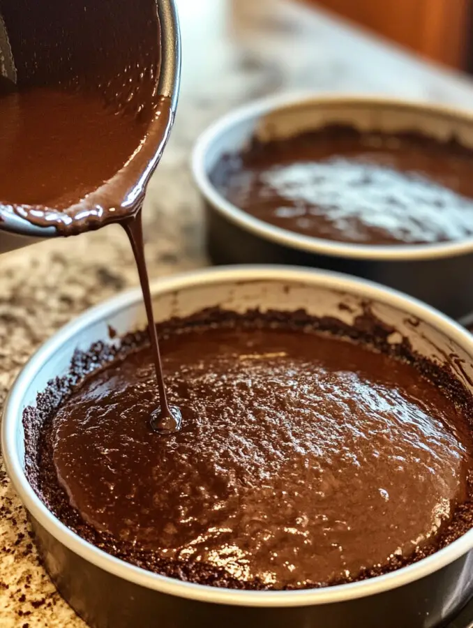 Divide the batter between the prepared cake pans and bake for 30–35 minutes.
