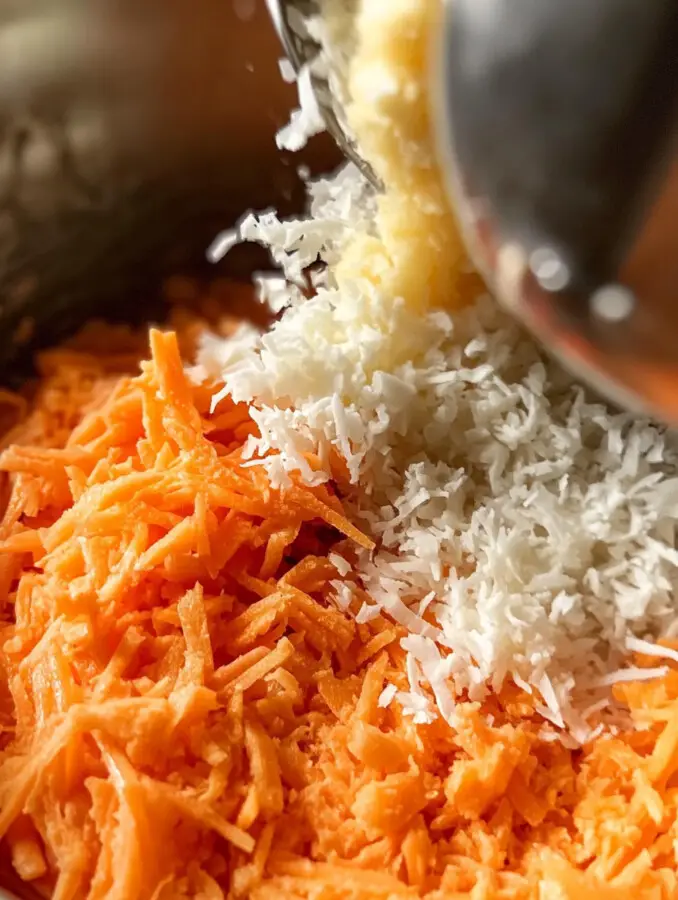 In another bowl, beat eggs, oil, sugar, and vanilla. Stir in grated carrots, crushed pineapple, and coconut.