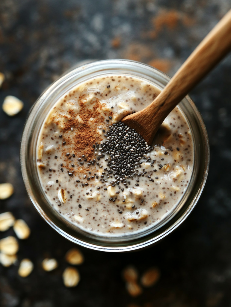 In a mason jar or bowl, mix rolled oats, chia seeds, cinnamon, and almond milk. Stir well.