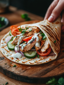 Warm the pita bread and fill with sliced chicken, tomatoes, cucumbers, red onions, and a drizzle of garlic sauce. Best Chicken Shawarma Recipe – Juicy & Flavorful