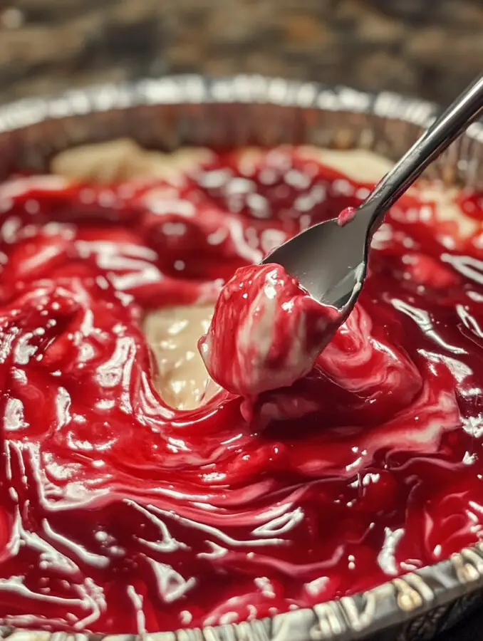 Drop spoonfuls of the cream cheese mixture over the filling and swirl gently.
