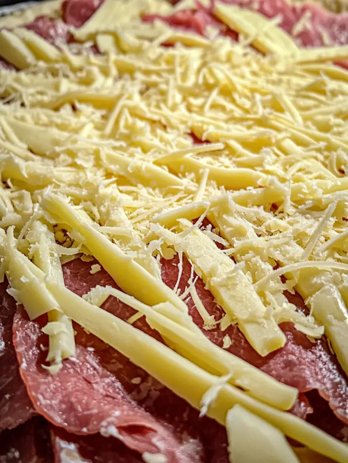Layer 4 slices of Swiss cheese evenly over the dough.
