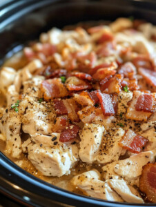 Add cream cheese chunks on top of the chicken, then sprinkle with bacon.