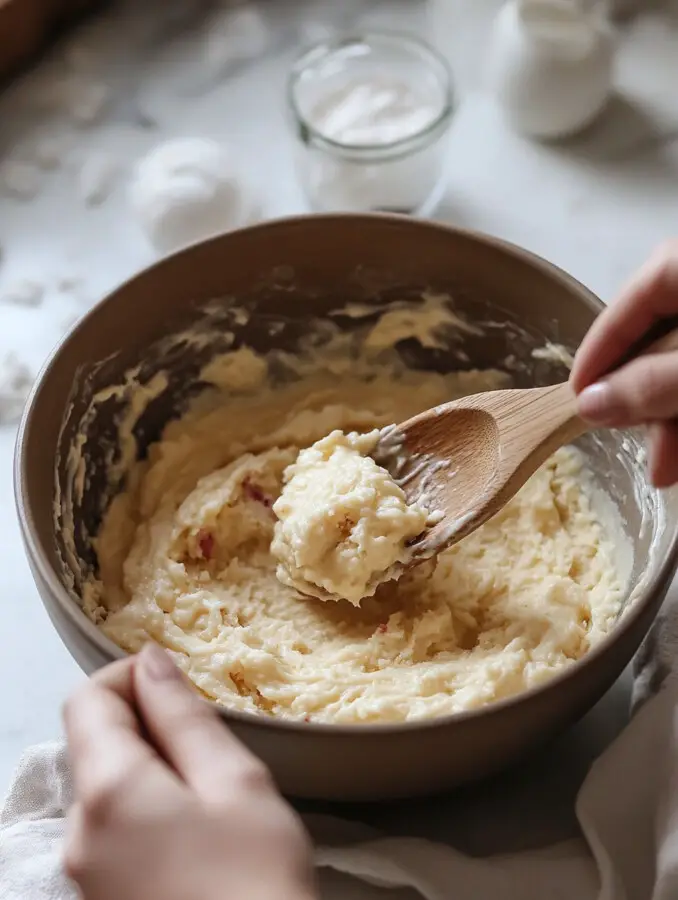 Alternate adding the dry ingredients and buttermilk to the wet mixture, mixing just until combined. Gently fold in chopped rhubarb.