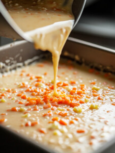 Gradually add dry ingredients to the wet mixture and stir until just combined.