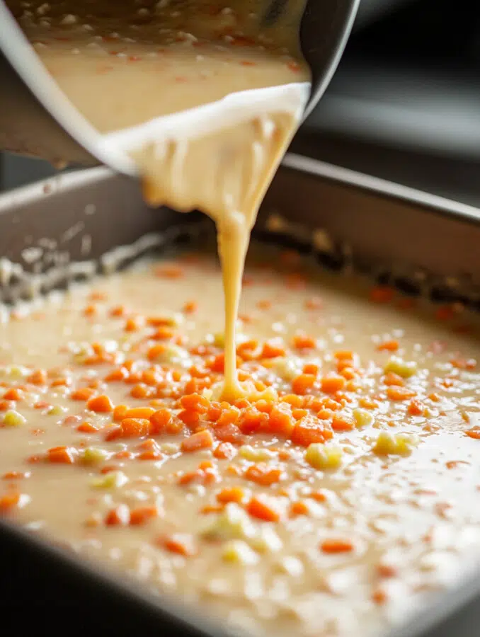 Gradually add dry ingredients to the wet mixture and stir until just combined.