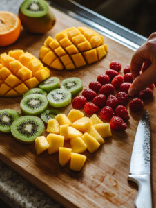 Chop strawberries, pineapple, mango, and kiwi. Peel and segment the orange.