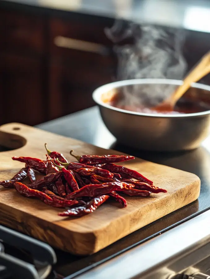 In a blender, combine soaked chilies, tomatoes, onion, garlic, vinegar, and spices. Blend until smooth, adding a little water if needed.