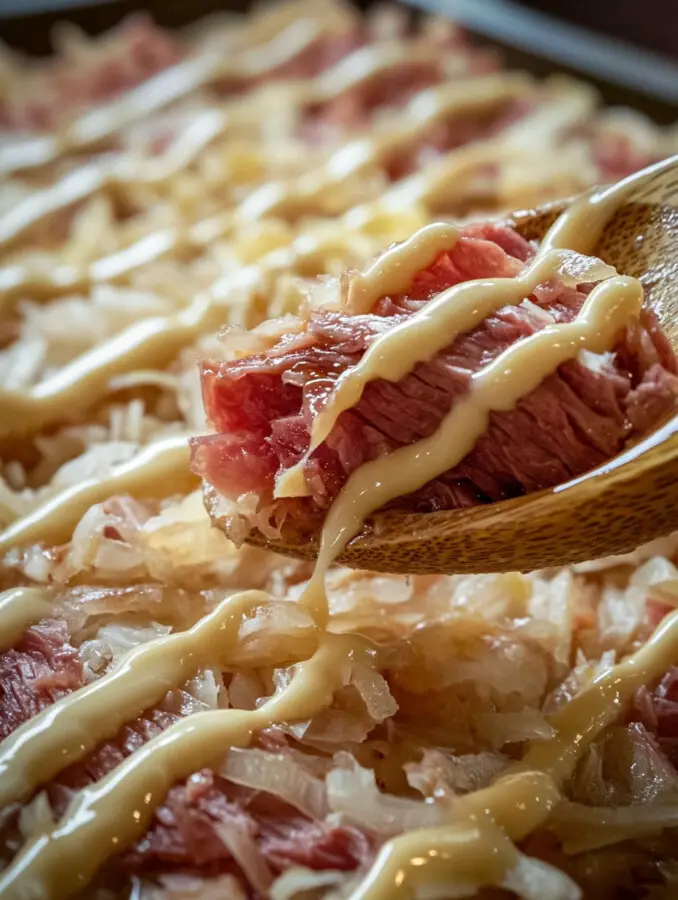 Evenly distribute the corned beef over the cheese.