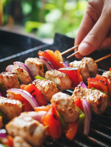 Preheat your grill to medium-high heat (about 400°F/200°C). Thread the marinated chicken onto skewers, alternating with red bell pepper chunks and red onion wedges.