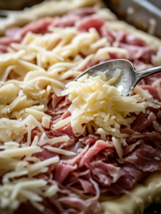 Evenly layer corned beef slices, drained sauerkraut, and shredded Swiss cheese over the dough.