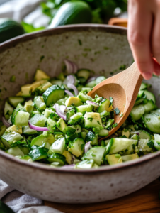 In a large mixing bowl, combine the diced avocado, chopped cucumber, sliced red onion, and fresh cilantro.