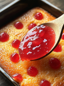 Let the cake cool for 15 minutes. Meanwhile, dissolve the strawberry gelatin in boiling water, then add cold water and mix.