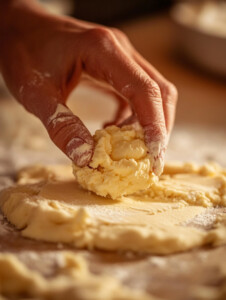 Scoop out small cookie dough balls, flatten them slightly, and place a frozen cheesecake dollop in the center. Cover with another dough piece and seal the edges.