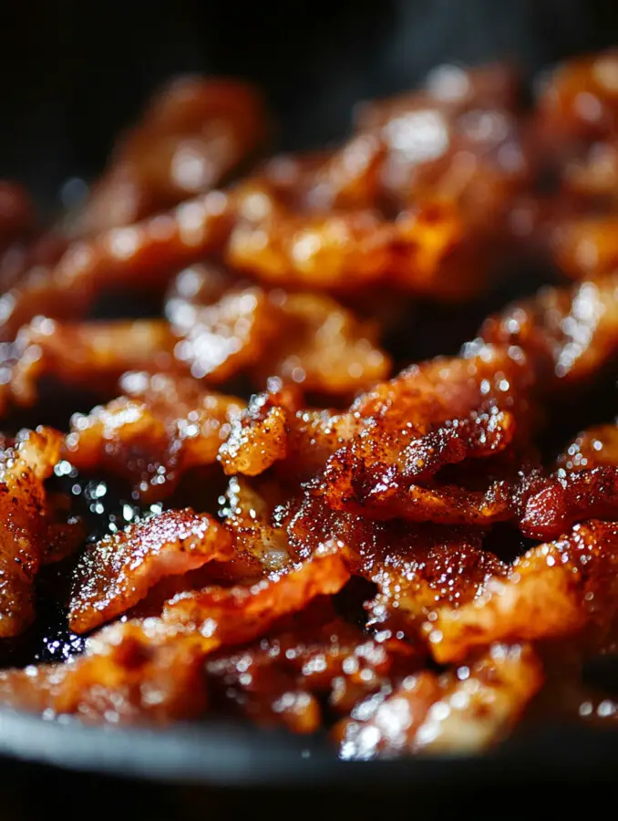 Heat a large skillet or cast-iron pan over medium heat. Cook the bacon pieces until crispy and golden brown. Remove bacon from skillet, leaving drippings behind.