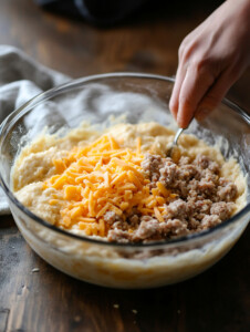Add cold diced butter into the flour mixture, blending gently until it forms coarse crumbs. Mix in beaten eggs and heavy cream until dough is formed.