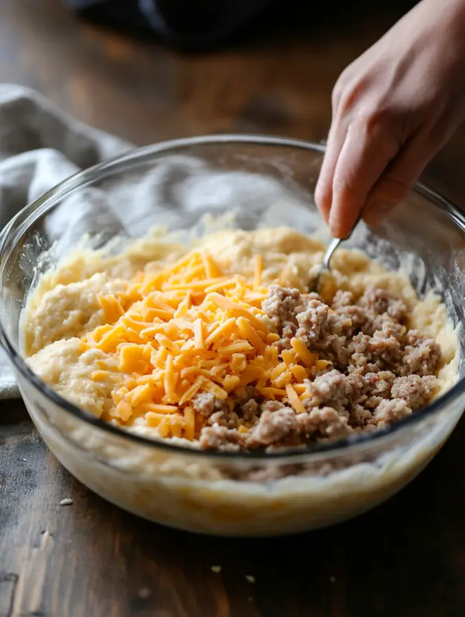 Add cold diced butter into the flour mixture, blending gently until it forms coarse crumbs. Mix in beaten eggs and heavy cream until dough is formed.