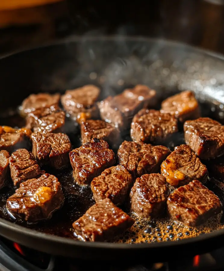 Heat oil or butter in a skillet and brown the beef in batches for 2–3 minutes per side. Set aside.